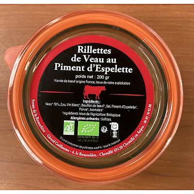 Rillettes de veau bio au piment d’Espelette - 200 gr